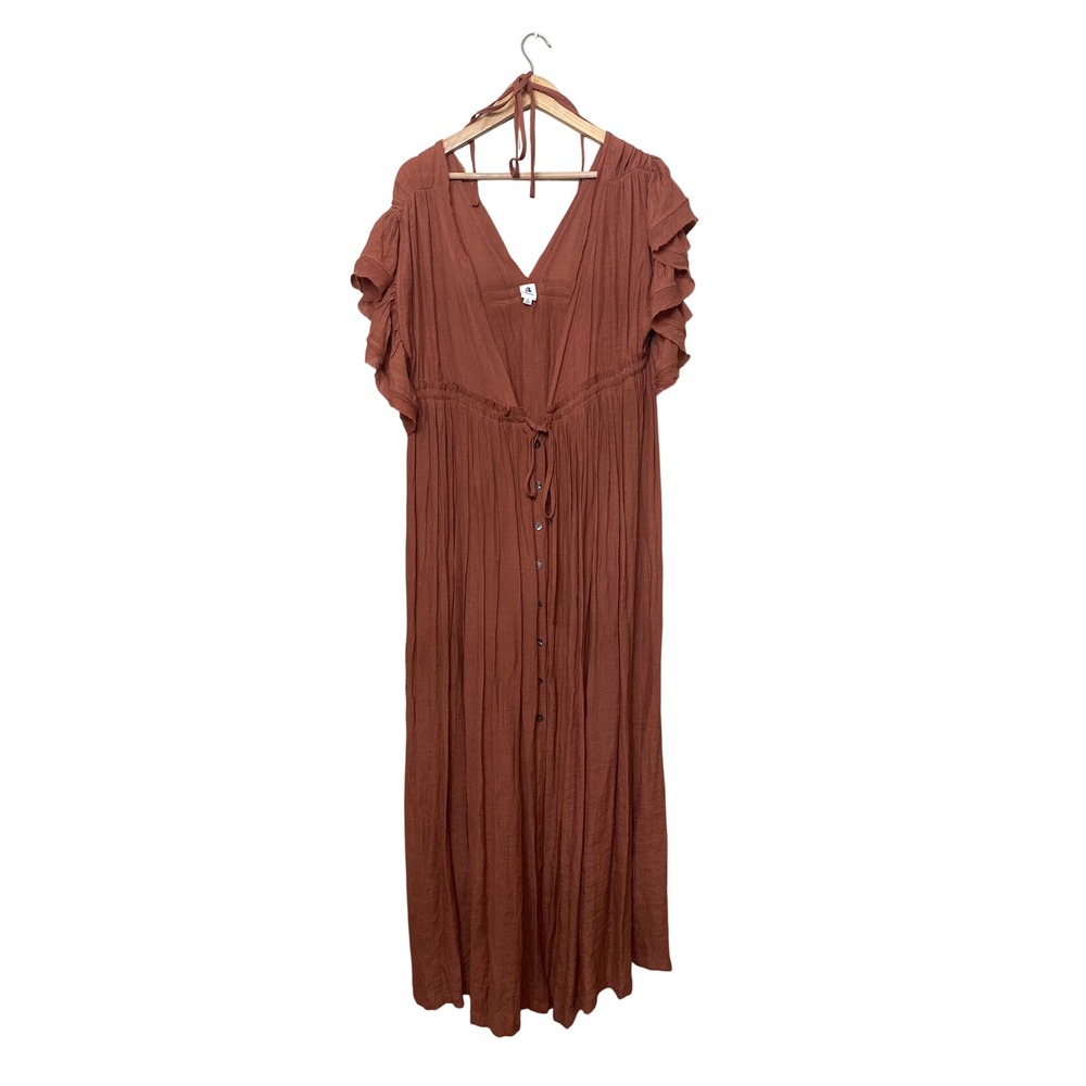 Flawless Terracotta Rust Ruffle Sleeve Maxi Dress Boho Tie Front SD9347VG Mens M